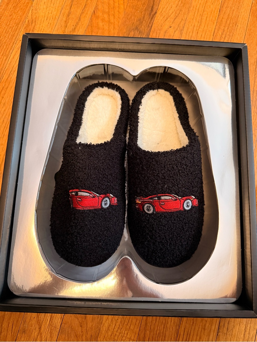 Black Men's Slip-On Loafers with Red Car Embroidery